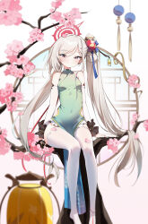 Rule 34 | 1girl, absurdres, bare shoulders, blue archive, blush, branch, breasts, bridal gauntlets, cherry blossoms, china dress, chinese clothes, cocokawa (cjsj8353), covered navel, dress, flower, green dress, grey hair, hair ornament, halo, highres, long hair, looking at viewer, mahjong soul, mutsuki (blue archive), mutsuki (flowery charms) (blue archive), official alternate hairstyle, petals, pink eyes, pointy ears, sitting, sleeveless, sleeveless dress, small breasts, smile, solo, thighhighs, very long hair, white thighhighs