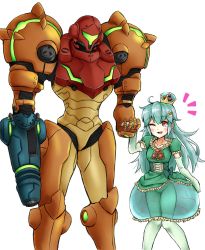 Rule 34 | 2girls, ahoge, arm cannon, armor, blush, bodysuit, corset, crown, dress, green hair, highres, holding hands, knees together feet apart, long hair, mario (series), metroid, metroid (creature), metroid prime, mother and daughter, multiple girls, new super mario bros. u deluxe, nintendo, one eye closed, pantyhose, power armor, power suit, red eyes, samus aran, see-through, side-by-side, simple background, standing, super crown, varia suit, wakaba (wata ridley), weapon, white background