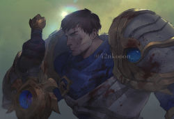 Rule 34 | 1boy, 42nkooon, armor, artist name, blood, blood on clothes, blood on face, blue eyes, breastplate, brown hair, dirty, dirty face, dust, garen (league of legends), gloves, league of legends, light, light rays, looking to the side, male focus, mature male, outdoors, scarf, short hair, shoulder armor, signature, sky, solo, spiked hair, sun, sunlight, sword, weapon