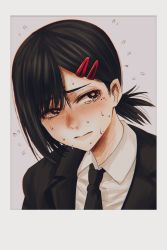 Rule 34 | 1girl, asymmetrical hair, black eyes, black jacket, black necktie, blush, bright pupils, chainsaw man, closed mouth, collared shirt, commentary, embarrassed, eyelashes, facing viewer, formal, fourth wall, furrowed brow, hair between eyes, hair ornament, hairclip, higashiyama kobeni, highres, hoshi san 3, jacket, looking away, mole, mole under eye, mole under mouth, necktie, nervous, parted bangs, photo (medium), portrait, shirt, short hair, short ponytail, simple background, solo, suit, sweat, nervous sweating, tearing up, tears, white background, white pupils, white shirt, wing collar