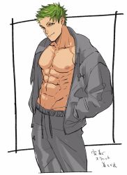 Rule 34 | 1boy, abs, bara, bare pectorals, blackstar -theater starless-, commentary request, feet out of frame, green hair, grey jacket, grey pants, highres, jacket, kongou (blackstar), looking at viewer, male focus, muscular, muscular male, navel, nipples, pants, pectorals, short hair, smile, solo, torawar, track jacket, track pants