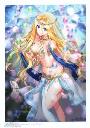 Rule 34 | 1girl, absurdres, an2a, armlet, artist name, bare shoulders, blonde hair, blue eyes, blurry, blurry background, bracelet, breasts, cleavage, closed mouth, copyright name, detached collar, gem, highres, jewelry, large breasts, leg up, lips, long hair, looking at viewer, midriff, navel, parted bangs, pearl (gemstone), pelvic curtain, scan, shiny skin, simple background, solo, sparkle, stomach, veil