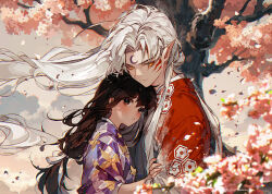 Rule 34 | 1boy, 1girl, black hair, blush, brown eyes, cherry blossoms, closed mouth, cloud, cloudy sky, facial tattoo, falling petals, floating hair, glowing, glowing eyes, hair tie, han&#039;you no yashahime, hand on another&#039;s arm, hetero, hug, inuyasha, japanese clothes, kawacy, kimono, long hair, looking at another, looking to the side, parted bangs, parted lips, petals, pointy ears, purple kimono, red kimono, rin (inuyasha), sesshoumaru, sidelocks, sky, tattoo, teeth, tree, upper teeth only, white hair, wind, yellow eyes
