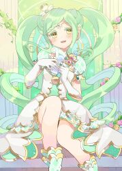 Rule 34 | 1girl, :d, braid, braided bangs, clock, column, dress, falala a larm, feet out of frame, flower, gem, gloves, gold trim, green gemstone, green hair, hands up, harp, hat, head chain, headphones, highres, idol clothes, idol time pripara, instrument, jewelry, lolita fashion, long hair, looking at viewer, marueri, mini hat, open mouth, pillar, pink flower, pink rose, playing harp, pretty series, pripara, puffy short sleeves, puffy sleeves, rose, short sleeves, sitting, smile, solo, symbol-shaped pupils, twintails, very long hair, white dress, white gloves, white hat, yellow eyes, yellow flower, yellow rose
