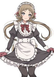 Rule 34 | 1girl, absurdres, animal hands, apron, banned artist, black dress, black thighhighs, bow, brown hair, closed mouth, dress, frilled apron, frilled dress, frills, gloves, grey eyes, highres, juliet sleeves, long hair, long sleeves, looking at viewer, low twintails, maid, maid headdress, original, paw gloves, puffy sleeves, red bow, red gloves, shimizu akina, short eyebrows, simple background, smile, solo, thick eyebrows, thighhighs, twintails, very long hair, white apron, white background
