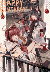Rule 34 | 2girls, absurdres, animal ear fluff, animal ears, apple da-ze, arknights, bare legs, box, cardboard box, colored inner hair, detached wings, eating, english text, exusiai (arknights), exusiai (city rider) (arknights), fireworks, food, gloves, hair ornament, halo, happy birthday, headphones, highres, holding, holding food, holding party popper, hood, hood down, hooded jacket, jacket, long hair, long sleeves, looking at viewer, moon, multicolored hair, multiple girls, official alternate costume, party popper, railing, red gloves, shirt, striped neckwear, texas (arknights), texas (winter messenger) (arknights), tongue, tongue out, vertical-striped neckwear, white gloves, white jacket, wings, wolf ears, yellow eyes