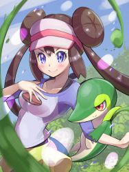 Rule 34 | 1girl, black pantyhose, blue eyes, blush, breasts, brown hair, collarbone, creatures (company), double bun, game freak, gen 5 pokemon, hair bun, hand on own chest, highres, inana umi, leaf, looking at viewer, nintendo, outdoors, pantyhose, pokemon, pokemon (creature), pokemon bw2, pokemon on arm, rosa (pokemon), sky, smile, snivy, vine whip, visor cap