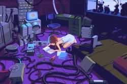 Rule 34 | all fours, anil demir, animated, animated gif, book, brown hair, cable, chair, computer, crt, hair ornament, hairclip, hand fan, highres, iwakura lain, long hair, monitor, serial experiments lain, solo, stuffed animal, stuffed rabbit, stuffed toy, teddy bear, turning page