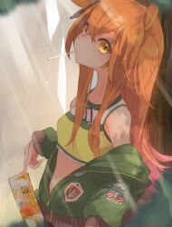 Rule 34 | 1girl, animal ears, black ribbon, commentary, crop top, cropped shirt, dappled sunlight, day, dog tags, emblem, food, green jacket, hair ribbon, ham tamago (qq), holding, holding food, horse ears, horse girl, jacket, light rays, long hair, looking at viewer, mayano top gun (umamusume), mouth hold, off shoulder, open clothes, open jacket, orange eyes, orange hair, outdoors, partially unzipped, pocky, ribbon, shirt, sleeveless, sleeveless shirt, solo, standing, sunlight, sweat, translated, two side up, umamusume, yellow shirt