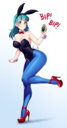 Rule 34 | 1girl, animal ears, aqua hair, armpits, bare arms, bare shoulders, black leotard, blue eyes, blue pantyhose, blunt bangs, blush, bow, bowtie, breasts, bulma, cleavage, clenched hand, closed mouth, collarbone, covered navel, cowboy shot, curvy, detached collar, dragon ball, dragon ball (classic), dragon radar, fake animal ears, fake tail, full body, gradient background, hand up, highleg, highleg leotard, highres, jumping, large breasts, leotard, long hair, looking at viewer, nail polish, pantyhose, playboy bunny, rabbit ears, rabbit tail, red bow, red bowtie, shadow, shiny clothes, shiny skin, smile, solo, standing, standing on one leg, strapless, strapless leotard, tail, thick thighs, thigh gap, thighs, wide hips, wrist cuffs, zeshgolden