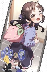 Rule 34 | 1girl, 1other, :d, backpack, bag, black jacket, black neckwear, black skirt, blue bow, blue shirt, blue skirt, blush, bow, brown eyes, brown hair, cellphone, chibi, collared shirt, commentary request, formal, hair bow, highres, holding, holding phone, idolmaster, idolmaster cinderella girls, jacket, long hair, long sleeves, necktie, open mouth, outstretched arms, p-head producer, phone, producer (idolmaster), shirt, skirt, smile, suit, tachibana arisu, translation request, wavy mouth, white shirt, yukie (kusaka shi)