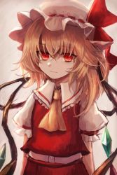 Rule 34 | 1girl, ascot, blonde hair, bow, commentary request, flandre scarlet, hat, hat bow, maho moco, mob cap, puffy short sleeves, puffy sleeves, red bow, red eyes, red shirt, red skirt, shirt, short sleeves, side ponytail, skirt, solo, touhou, white background, white sleeves, wings, yellow ascot