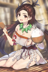 Rule 34 | 1girl, absurdres, bare shoulders, blush, body markings, bowl, breasts, brown eyes, brown hair, cleavage, dress, fate/grand order, fate (series), forehead, highres, himiko (fate), himiko (first ascension) (fate), jewelry, large breasts, long hair, looking at viewer, magatama, magatama necklace, necklace, open mouth, rice, sash, shamoji, side slit, sideboob, sitting, smile, solo, thighs, topknot, twintails, tyone, white dress