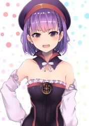 Rule 34 | 1girl, absurdres, bare shoulders, blush, breasts, collarbone, detached collar, detached sleeves, dress, dyson (edaokunnsaikouya), fang, fate/grand order, fate (series), frilled dress, frilled sleeves, frills, hand on own hip, hat, helena blavatsky (fate), highres, looking at viewer, open mouth, purple eyes, purple hair, purple hat, sefirot, short hair, simple background, small breasts, solo, strapless, strapless dress