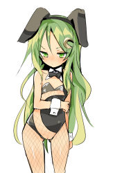 Rule 34 | 1girl, animal ears, blush, bow, bowtie, breasts, caburi aki, cleft of venus, crescent, crescent hair ornament, detached collar, embarrassed, fake animal ears, female focus, fishnet thighhighs, fishnets, green eyes, green hair, hair ornament, hairband, hairclip, impossible clothes, kantai collection, leotard, long hair, looking away, looking down, nagatsuki (kancolle), nipples, playboy bunny, pussy, rabbit ears, simple background, small breasts, solo, standing, thighhighs, uncensored, white background, wrist cuffs