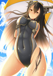 Rule 34 | 10s, 1girl, abs, arms behind back, beach umbrella, black hair, blue sky, blush, breasts, brown eyes, competition swimsuit, contrapposto, covered erect nipples, covered navel, day, from below, headgear, highres, impossible clothes, impossible swimsuit, kantai collection, large breasts, long hair, looking at viewer, nagato (kancolle), one-piece swimsuit, sky, solo, standing, swimsuit, umbrella, wet, zukky