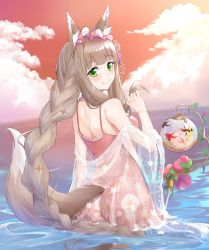 Rule 34 | 1girl, :3, animal ear fluff, animal ears, ass, bare shoulders, blunt bangs, blush, braid, breasts, brown hair, casual one-piece swimsuit, closed mouth, cloud, cloudy sky, commentary request, floral print, flower, fox ears, fox girl, fox tail, green eyes, highres, horizon, long hair, looking at viewer, looking back, maho (princess connect!), maho (summer) (princess connect!), medium breasts, monmon shimon, ocean, one-piece swimsuit, orange sky, outdoors, pink flower, pink one-piece swimsuit, princess connect!, see-through, sidelocks, single braid, sky, smile, solo, swimsuit, tail, very long hair, water