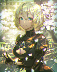 Rule 34 | 1girl, black dress, blonde hair, breasts, cherry blossoms, chromatic aberration, cleavage, cleavage cutout, clothing cutout, commentary request, dress, green eyes, hair between eyes, kaburagi yasutaka, light smile, looking at viewer, medium breasts, mole, mole under mouth, nier (series), nier:automata, no blindfold, short hair, smile, solo, upper body, v, 2b (nier:automata)