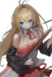 Rule 34 | 1girl, antenna hair, black sleeves, blonde hair, blue eyes, breasts, closed mouth, collared shirt, cowboy shot, detached sleeves, electric guitar, guitar, hair between eyes, highres, instrument, large breasts, long hair, necktie, pocche-ex, red necktie, red skirt, shirt, simple background, skirt, smile, solo, tsurumaki maki, voiceroid, white background, white shirt, wide sleeves