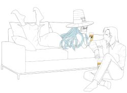 Rule 34 | 1boy, 1girl, archnemon, blue hair, couch, digimon, digimon (creature), glasses, hat, long hair