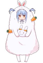 Rule 34 | 1girl, :3, animal costume, animal ears, animal hood, blue hair, blue ribbon, blush, bow, carrot, closed mouth, cocytus (wind master), commentary, commentary request, don-chan (usada pekora), food, full body, hair between eyes, hair ribbon, highres, holding, hololive, hood, looking at viewer, orange eyes, pekomon (usada pekora), rabbit ears, rabbit girl, rabbit hood, ribbon, simple background, smile, smug, straight-on, twintails, usada pekora, virtual youtuber, white background