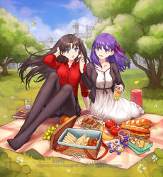 Rule 34 | 2girls, :d, :o, ahoge, apple, apple slice, banana, black hair, blouse, blue eyes, blue sky, book, breasts, building, cloud, collared shirt, commission, cookie, cup, dress, drinking glass, fate/stay night, fate (series), feeding, floating hair, food, fruit, fruit cup, grapes, grass, hair ribbon, hand in own hair, highres, holding, holding food, legs, long hair, long legs, looking at another, matou sakura, multiple girls, no shoes, official alternate costume, open mouth, orange (fruit), outdoors, pantyhose, picnic basket, purple eyes, purple hair, red shirt, ribbon, sandwich, shirt, siblings, side ponytail, signature, sisters, siya ho, sky, smile, toes, tohsaka rin, tomato, tree, white dress