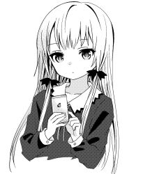 Rule 34 | 10s, 1girl, :&lt;, ama-tou, apple inc., bolo tie, buttons, cellphone, collar, collarbone, collared dress, commentary, cropped torso, dot nose, dress, expressionless, eyelashes, fingernails, greyscale, hair ornament, hair ribbon, highres, holding, holding phone, iphone, long hair, long sleeves, looking at viewer, monochrome, phone, ribbon, simple background, sleeve cuffs, smartphone, solo, sophie twilight, straight hair, tonari no kyuuketsuki-san, tress ribbon, tsurime, upper body, white background, wrist cuffs