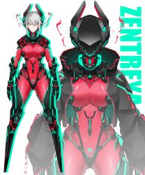 Rule 34 | 1girl, absurdres, android, black gloves, black jacket, bodysuit, breasts, character name, chin guard, elbow gloves, full body, gauntlets, gloves, grey hair, hair between eyes, helmet, highres, jacket, large breasts, looking at viewer, mechanical legs, multiple views, official art, open clothes, open jacket, red bodysuit, short twintails, smile, standing, twintails, virtual youtuber, vshojo, white background, yellow eyes, yuniiho, zentreya, zentreya (cyborg), zentreya (cyborg) (1st costume)