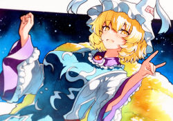 Rule 34 | 1girl, animal hat, blonde hair, blue tabard, breasts, brooch, dress, fang, fox shadow puppet, fox tail, frilled sleeves, frills, hands up, hat, highres, jewelry, large breasts, long sleeves, looking at viewer, mob cap, night, night sky, ofuda, ofuda on clothes, qqqrinkappp, short hair, skin fang, sky, solo, star (sky), star (symbol), starry background, tabard, tail, tassel, touhou, traditional media, upper body, white dress, white hat, wide sleeves, yakumo ran, yellow eyes