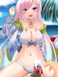 Rule 34 | 1girl, 1other, absurdres, airani iofifteen, area 15, ball, beach, beachball, bikini, cloud, firen inferno, food, highres, hololive, hololive indonesia, ice cream, jacket, jewelry, looking at viewer, necklace, ocean, palm leaf, pink hair, pov, pov hands, purple eyes, sand, self-upload, swimsuit, virtual youtuber, white bikini