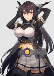 Rule 34 | 1girl, black hair, breasts, brown eyes, cowboy shot, grey background, hair between eyes, highres, kantai collection, kasumi (skchkko), large breasts, long hair, looking at viewer, nagato (kancolle), parted lips, simple background, skirt, solo, standing, teeth, thighhighs, very long hair
