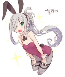 Rule 34 | 10s, 1girl, alternate costume, animal ears, asashimo (kancolle), bare arms, bare shoulders, blush, breasts, collarbone, cowboy shot, cropped legs, detached sleeves, eyebrows, fake animal ears, fang, goekawa, green eyes, grey pantyhose, hair over one eye, hand on thigh, hands on own thighs, kantai collection, leaning forward, leotard, light purple hair, long hair, looking at viewer, open mouth, pantyhose, playboy bunny, ponytail, rabbit ears, rabbit tail, silver hair, simple background, small breasts, solo, sparkle, tail, teeth, thigh grab, tongue, white background, wrist cuffs