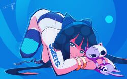 Rule 34 | 1girl, absurdres, bent over, black hair, blue background, blue eyes, blue panties, blue ribbon, blue thighhighs, bra, bright pupils, crossed arms, hair ribbon, highres, open bra, panties, panty &amp; stocking with garterbelt, pink hair, ribbon, slim (sl1m skull), solo, stocking (psg), striped clothes, striped thighhighs, stuffed toy, thighhighs, topless, underwear, white pupils