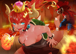 Rule 34 | 1boy, 1girl, b.c.n.y., bare shoulders, battle, black dress, black nails, boots, bowsette, bracelet, breasts, breath weapon, breathing fire, brown footwear, calligraphy brush (medium), cleavage, collar, collarbone, crown, dark skin, dress, earrings, facial hair, fingernails, fire, gem, giant, giantess, gloves, hat, horns, image sample, jewelry, jumping, large breasts, lava, long fingernails, long hair, looking at another, mario, mario (series), mustache, nail polish, new super mario bros. u deluxe, nintendo, open mouth, overalls, pointy ears, ponytail, red eyes, red hair, red hat, sharp teeth, spiked bracelet, spiked collar, spikes, strapless, strapless dress, super crown, tail, teeth, tongue, tongue out, turtle shell, twitter username, white gloves