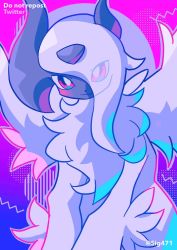 Rule 34 | :3, absol, animal focus, artist name, asymmetrical hair, blush, closed mouth, creatures (company), english text, eyes visible through hair, feathered wings, game freak, gen 3 pokemon, gradient background, hair over one eye, happy, highres, long hair, looking at viewer, mega absol, mega pokemon, nintendo, no humans, pokemon, pokemon (creature), purple background, red eyes, signo, sitting, smile, solo, twitter username, watermark, white wings, wings