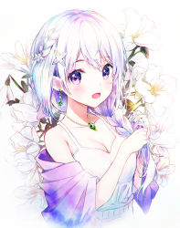Rule 34 | 1girl, :d, absurdres, bare shoulders, beads, braid, breasts, cleavage, collarbone, dana (hapong07), dress, earrings, emilia (re:zero), flower, glint, hair ornament, hair over shoulder, highres, holding, holding own hair, jewelry, lily (flower), long hair, looking at viewer, medium breasts, nail polish, necklace, open mouth, purple eyes, purple nails, re:zero kara hajimeru isekai seikatsu, shawl, sleeveless, sleeveless dress, smile, solo, upper body, white background, white dress, white flower, white hair