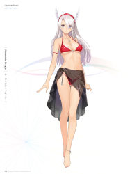 Rule 34 | 1girl, anklet, armlet, barefoot, bikini, braid, breasts, cleavage, cross, front-tie bikini top, front-tie top, full body, gluteal fold, hair ornament, hairband, head wings, highres, iron cross, jewelry, light purple hair, light smile, long hair, looking at viewer, medium breasts, navel, red bikini, roselinde (shining blade), sarong, shining (series), shining blade, side braid, silver hair, simple background, solo, string bikini, swimsuit, thigh gap, third-party edit, tony taka, wings