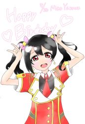 Rule 34 | 1girl, artist name, artist request, back ribbon, black hair, black ribbon, blush, bokura no live kimi to no life, bow, collared shirt, dress, earrings, female focus, hair bow, highres, jewelry, looking at viewer, love live!, love live! school idol project, nico nico nii, nikomaru (love live00), parted lips, pink bow, red bow, red dress, red eyes, red neckwear, ribbon, shirt, short hair, smile, solo, twintails, white background, yazawa nico