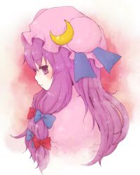 Rule 34 | 1girl, 1st-mn, bow, crescent, female focus, from side, hair bow, hat, long hair, patchouli knowledge, profile, purple eyes, purple hair, solo, touhou