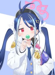 Rule 34 | 1girl, absurdres, ahoge, badge, blue archive, blue hair, blush, candy, commentary request, food, fubuki (blue archive), hair ornament, hairclip, halo, highres, lollipop, long hair, looking at viewer, mamusan (panitu), necktie, police, police uniform, red eyes, simple background, solo, twintails, uniform