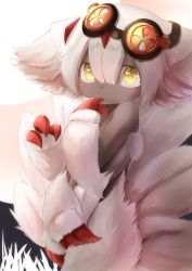 Rule 34 | 1girl, animal ear fluff, black skin, blush, body fur, claws, colored skin, covering privates, covering breasts, dark-skinned female, dark skin, extra arms, faputa, female focus, highres, kagarimachi konatsu, made in abyss, monster girl, solo, white hair, yellow eyes