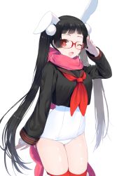 Rule 34 | 1girl, ;d, animal ears, black hair, blunt bangs, crop top, crop top overhang, donacoo, glasses, jewelry, long hair, long sleeves, looking at viewer, neckerchief, no pants, one-piece swimsuit, one eye closed, open mouth, original, pink scarf, rabbit ears, red-framed eyewear, red eyes, red thighhighs, ring, salute, scarf, school swimsuit, school uniform, serafuku, simple background, smile, solo, swimsuit, swimsuit under clothes, thighhighs, twintails, very long hair, white background, white one-piece swimsuit, white school swimsuit, wink, yoko (yuuhi homare), yuuhi homare
