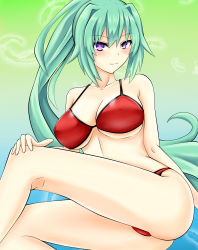 Rule 34 | 10s, 1girl, absurdres, ass, bikini, blush, breasts, cleavage, covered erect nipples, green hair, green heart (neptunia), highres, large breasts, long hair, looking at viewer, neptune (series), ponytail, power symbol-shaped pupils, purple eyes, red bikini, shishin (shishintei), smile, solo, swimsuit, symbol-shaped pupils, vert (neptunia), very long hair