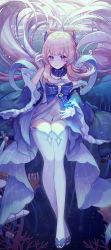 Rule 34 | 1girl, absurdres, blue bow, blue bowtie, bow, bow-shaped hair, bowtie, choker, coral reef, detached sleeves, fish, footwear bow, frilled sleeves, frills, full body, genshin impact, gloves, hand in own hair, highres, long hair, navel, neckerchief, pink hair, sandals, sangonomiya kokomi, sidelocks, smile, solo, thighhighs, underwear, very long hair, white gloves, white thighhighs, zx961219