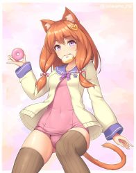 Rule 34 | 1girl, animal ear fluff, animal ears, blouse, blush, bow, bowtie, brown thighhighs, cat ears, cat girl, cat tail, commentary, doughnut, food, hair ornament, hand up, head tilt, heart, heart hair ornament, holding, jacket, leotard, long sleeves, looking at viewer, low twintails, mouth hold, navel, one-piece swimsuit, open clothes, open jacket, open shirt, orange hair, original, pastel colors, pink one-piece swimsuit, pinstripe legwear, pinstripe pattern, purple bow, purple bowtie, purple eyes, purple sailor collar, ribbed leotard, sailor collar, sasaame, school swimsuit, school uniform, serafuku, shirt, smile, solo, striped, swimsuit, swimsuit under clothes, tail, thighhighs, twintails, twitter username, yellow jacket