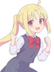 Rule 34 | 1girl, ahoge, blonde hair, blue skirt, blue sweater vest, blush, bocchi the rock!, bow, bowtie, braid, clenched hands, collared shirt, commentary, cowboy shot, detached ahoge, gozouroppu nana, highres, ijichi nijika, long hair, long sleeves, looking at viewer, open mouth, parted bangs, red bow, red bowtie, red eyes, shirt, side ponytail, sidelocks, simple background, skirt, solo, sweater vest, white background, white shirt