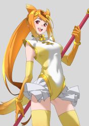 Rule 34 | 1girl, :d, absurdres, animal ears, breasts, circlet, commentary, cowboy shot, elbow gloves, extra ears, gloves, golden snub-nosed monkey (kemono friends), grey background, highres, holding, holding staff, kemono friends, leotard, long hair, looking at viewer, medium breasts, multicolored leotard, open mouth, orange hair, ponytail, red eyes, simple background, smile, solo, staff, swept bangs, tail, tanabe (fueisei), thighhighs, very long hair, yellow thighhighs