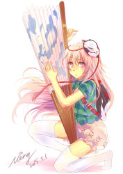 Rule 34 | 1girl, absurdres, adapted costume, backpack, bad id, bad pixiv id, bag, dated, etm (ahong), expressionless, folding fan, fox mask, hand fan, hata no kokoro, highres, long hair, looking at viewer, mask, no shoes, oversized object, pink eyes, pink hair, plaid, plaid shirt, puffy shorts, shadow, shirt, short sleeves, shorts, signature, simple background, solo, squatting, thighhighs, touhou, very long hair, white background, white thighhighs