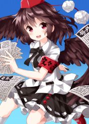 Rule 34 | 1girl, arm behind back, armband, belt, bird wings, black ribbon, black skirt, blue background, blush, cowboy shot, feathered wings, gradient background, hat, highres, holding, holding newspaper, holding pen, looking at viewer, neck ribbon, newspaper, open mouth, pen, pom pom (clothes), red eyes, red footwear, ribbon, ruu (tksymkw), shameimaru aya, shirt, short hair, short sleeves, skirt, solo, teeth, tokin hat, touhou, untucked shirt, upper teeth only, white legwear, white shirt, wings