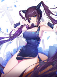 Rule 34 | 1girl, absurdres, bare shoulders, black dress, blue eyes, blunt bangs, blush, breasts, china dress, chinese clothes, cleavage, closed mouth, detached sleeves, dress, fate/grand order, fate (series), flute, gya (144), hair ornament, hands up, highres, instrument, large breasts, long hair, looking at viewer, pipa (instrument), purple hair, side slit, sidelocks, smile, solo, thighs, twintails, very long hair, white background, yang guifei (fate), yang guifei (second ascension) (fate)